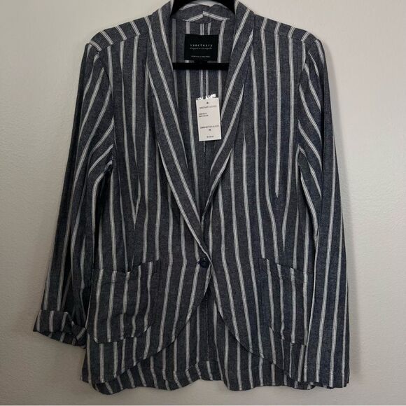 NWT Sanctuary Striped Linen Blend Blazer Single Breast One Button Blue Sz Medium - Picture 1 of 9